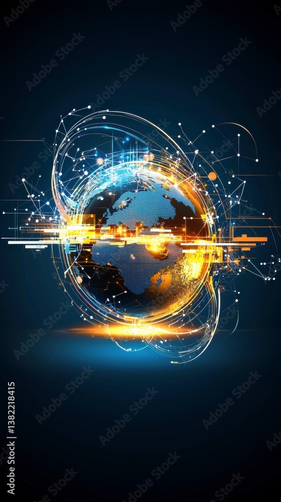 Poster dynamic global network visualization digital world graphic design futuristic environment aerial view