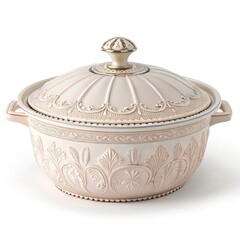 Elegant ceramic casserole dish with intricate floral design and a golden knob, perfect for serving delicious meals at family gatherings or special occasions.