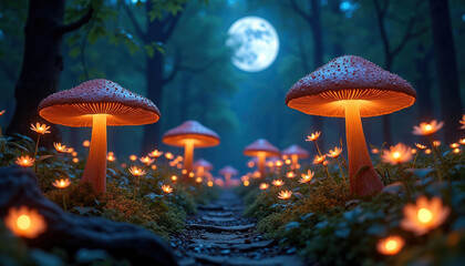 Fototapeta premium magical forest scene features glowing mushrooms and delicate flowers under full moon, creating enchanting atmosphere
