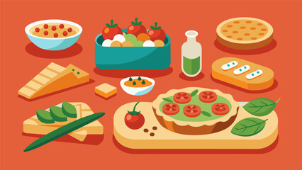 A buildyourown bruschetta bar with different types of bread spreads and toppings like tomatoes cheese and olives.. Vector illustration