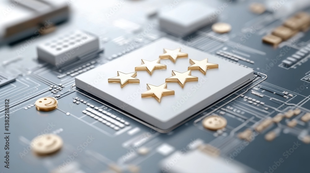 Poster close-up of a computer microchip with golden stars, symbolizing high performance and innovation in t