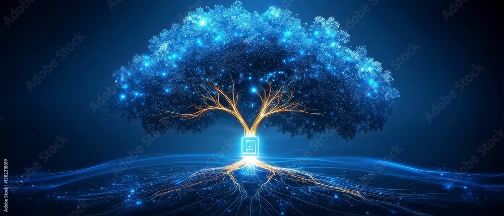 Poster illuminated digital tree growth virtual space abstract art futuristic environment wide angle technol