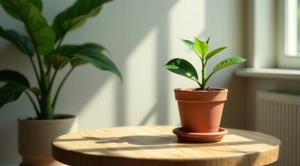 Fototapeta premium A small potted plant thrives in sunlight on a wooden table, near a larger potted plant, creating a serene indoor scene