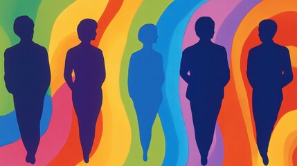 Colorful silhouette figures on rainbow background	