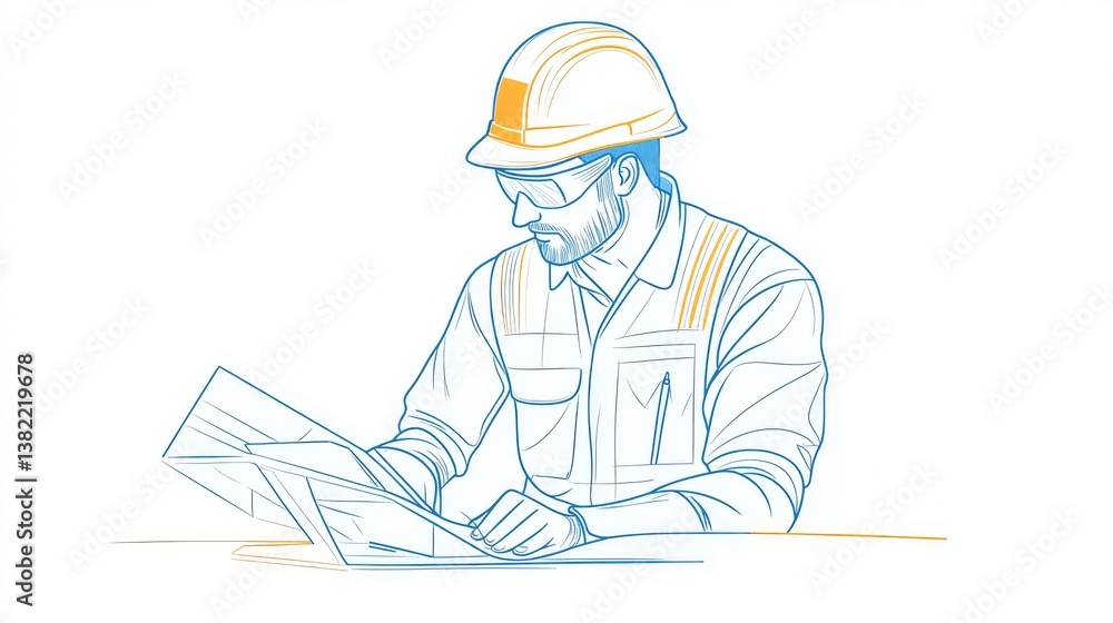 Poster continuous one line drawing engineers with hard hat holding and reading a blueprint. engineering day