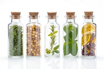 A neat arrangement of herbal supplement bottles in clear glass, each with a natural look, isolated on a pure white background