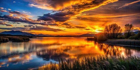 Obraz premium Stunning Amur River sunset photography showcases wildlife, landscapes, and natural beauty in silhouette.