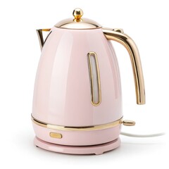 Fototapeta premium Stylish pink electric kettle with gold accents, perfect for modern kitchens. Ideal for making hot beverages quickly and easily. A blend of functionality and elegance.