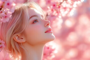 Fototapeta premium Pretty caucasian young woman surrounded by cherry blossoms. Commercial concept art. Spring mood, golden hour in sunset. Joyful woman surrounded by cherry blossoms.