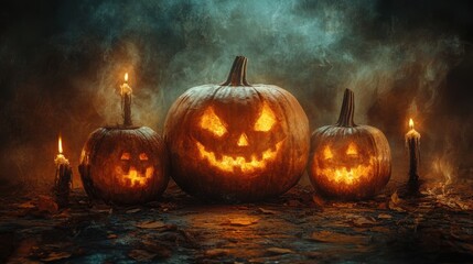 Three carved pumpkins with glowing faces are surrounded by fog and flickering candles, creating a spooky Halloween atmosphere.