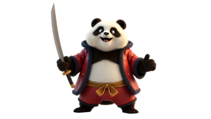Panda Holding Sword Wearing Red Coat Gives Thumbs Up On Black