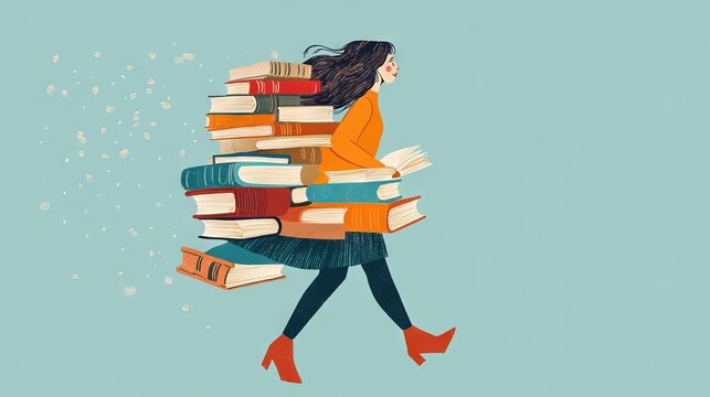 Single one line drawing women carry so many books. World book day concept. Continuous line draw design graphic vector illustration.