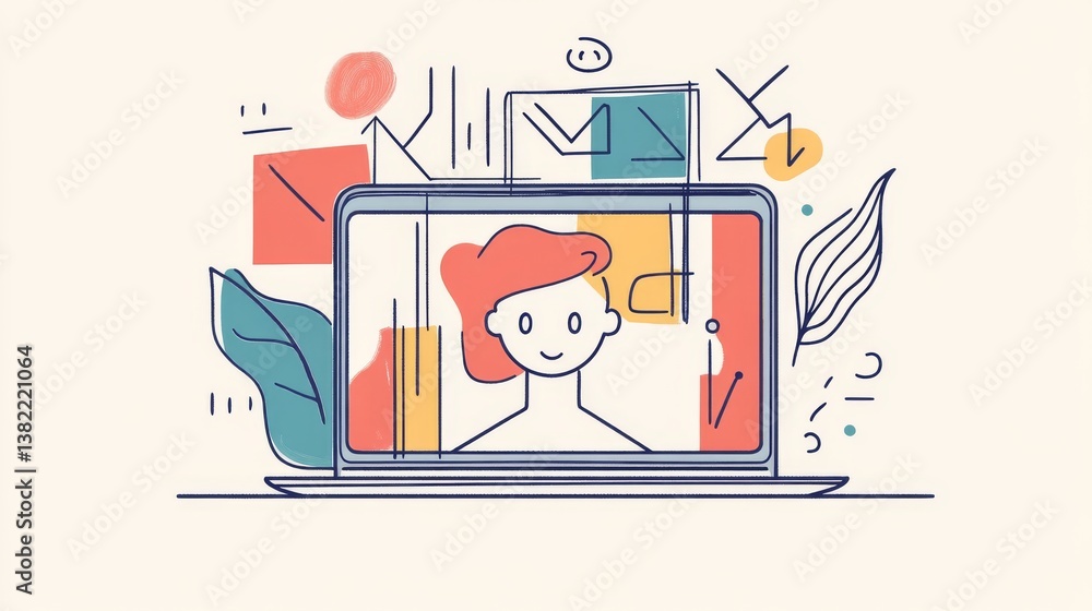 Poster single one-line drawing on a laptop is supported by an online robot. chatbot concept continuous line