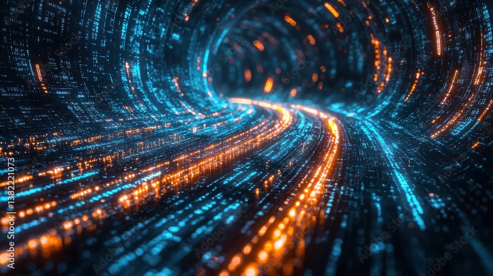 Poster a mesmerizing digital tunnel filled with glowing blue and orange lines representing data flow and te