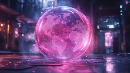 A glowing pink globe with a digital world map floats in a futuristic urban environment, surrounded by ethereal mist and neon lights.