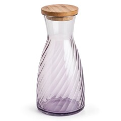 Elegant glass carafe with a twisted design and a bamboo lid, perfect for serving water or beverages in style