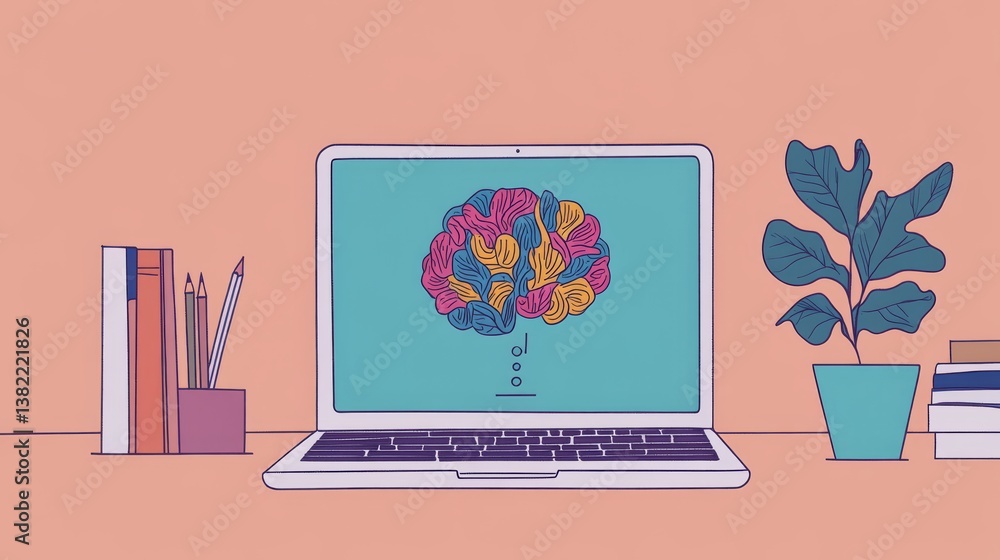 Poster single one-line drawing on a laptop is supported by an online robot. chatbot concept continuous line