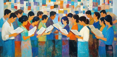 Group of people reading books together	
