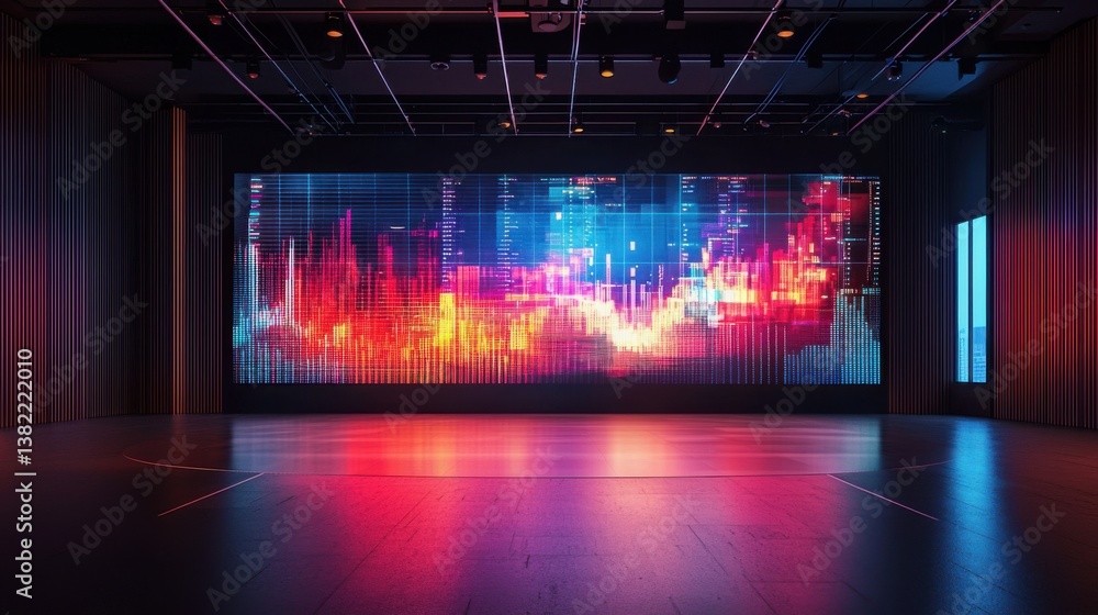 Poster a modern, high-tech room featuring a large digital screen displaying colorful data visualizations, i