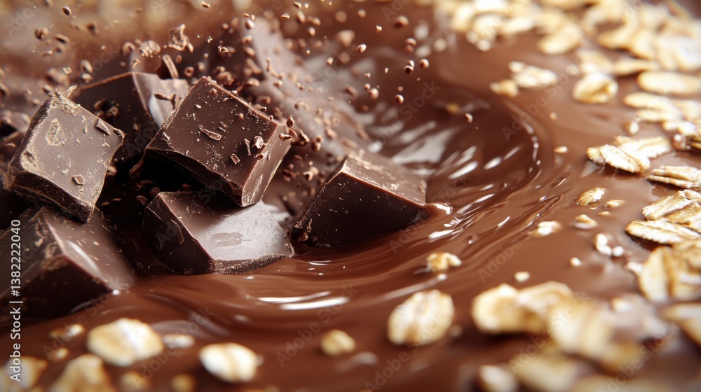 Aufkleber a close-up view of chocolate chunks splashing into a pool of liquid chocolate, surrounded by oats, c