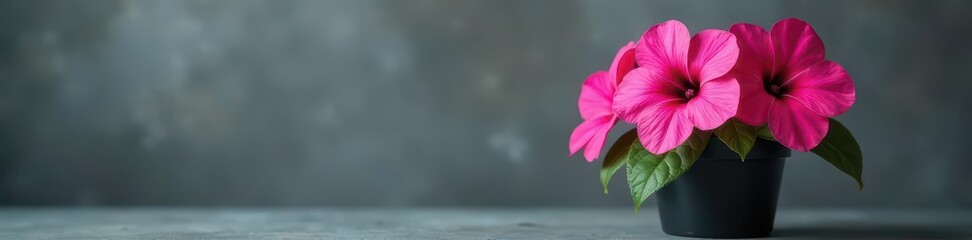 Vibrant pink petunia, dark pot, gray backdrop, macro, flower, still life