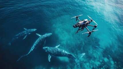 Fototapeta premium Aerial exploration: Drone surveying a pod of whales in the turquoise ocean