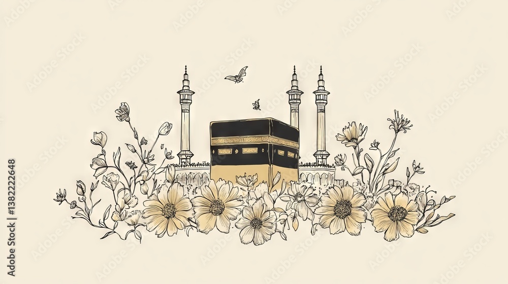 Poster continuous one line drawing beautiful view of qaba or kabaa shareef on floral. hajj and umrah concep