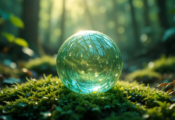 A beautiful, clear crystal ball rests on a bed of moss and grass in a serene forest.