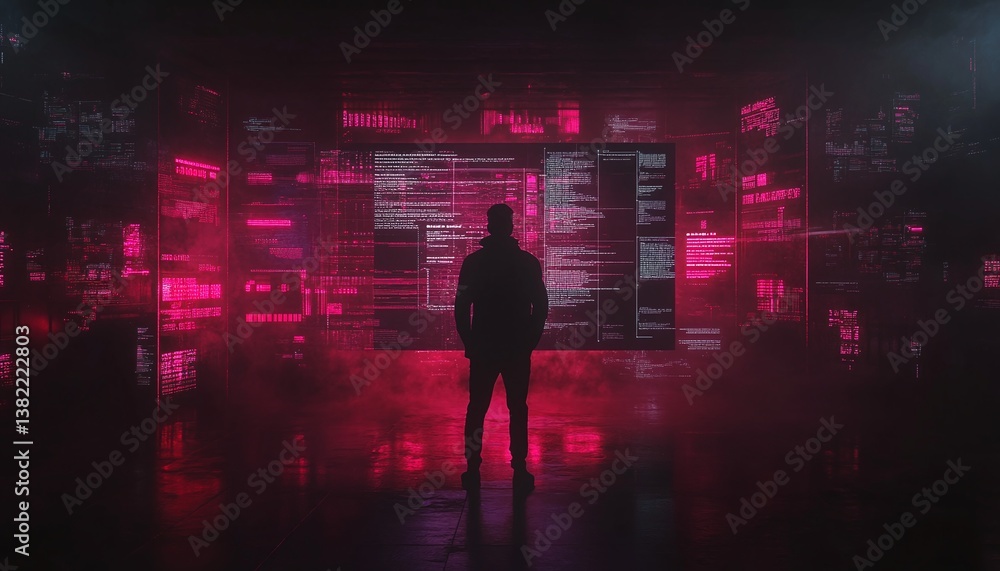 Poster cyberpunk hacker staring at code screens