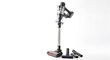 Sleek Cordless Vacuum Cleaner with Attachments on White Background