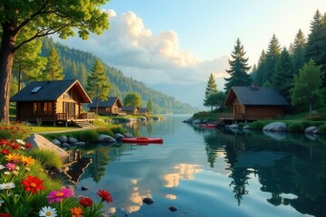Obraz premium Serene Lakeside Cabins Nestled Amongst Lush Greenery and Tranquil Waters, Perfect for a Peaceful Getaway