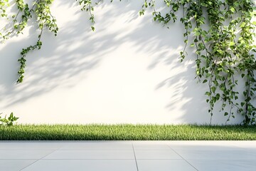 Obraz premium Green grass and white wall in a garden against a white backdrop,