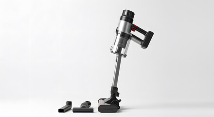 Sleek Cordless Vacuum Cleaner with Detachable Accessories on White Background