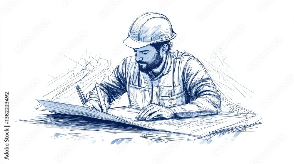 Poster continuous one line drawing engineers with hard hat holding and reading a blueprint. engineering day