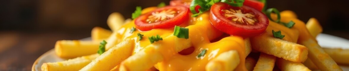 Golden fries overflowing with cheese, vibrant tomato & onion garnish , bowl, colorful, fast food