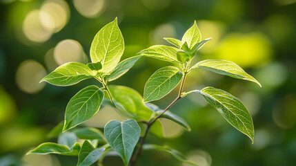 Obraz premium Close up of vibrant green leaves on a plant with a blurred background of bokeh lights in a garden.