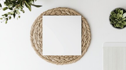 Fototapeta premium A minimalist flat lay featuring a blank white square on a woven placemat, surrounded by greenery and a subtle texture.