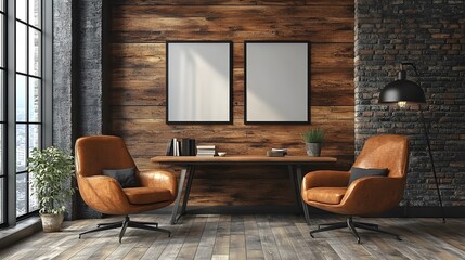 Modern office interior with blank poster mockup on wooden wall. 3D Rendering,

