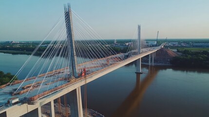 Fototapeta premium Construction of modern cable-stayed bridge project spanning a calm river
