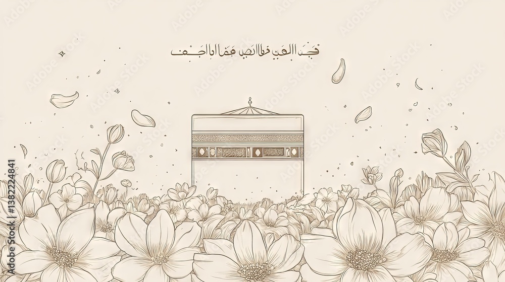 Poster continuous one line drawing beautiful view of qaba or kabaa shareef on floral. hajj and umrah concep