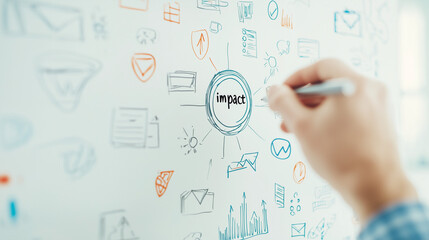 Impact Planning: A person's hand intricately sketches out a 'impact' plan on a clean white surface with colorful design elements. 