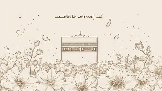 Continuous one line drawing Beautiful View of Qaba or Kabaa Shareef on floral. Hajj and umrah concept.  Single line draw design vector graphic illustration.