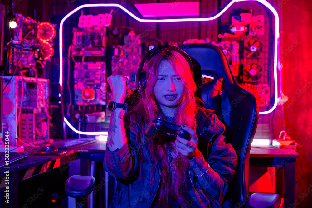 Poster gamer using joystick controller for virtual tournament plays online video game with computer neon li