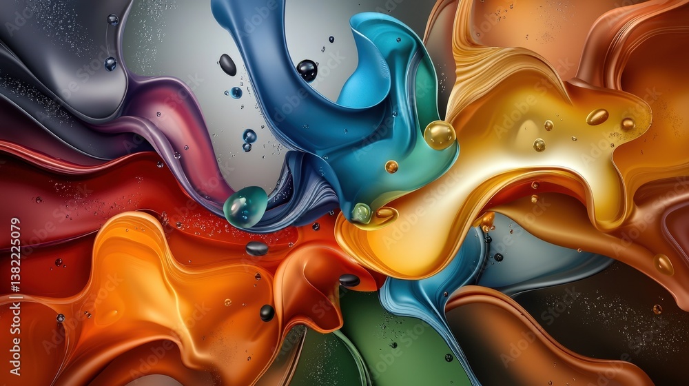 Poster a vibrant abstract swirl of colors, featuring fluid shapes and glossy textures that create a dynamic