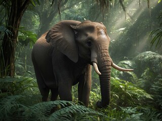 Fototapeta premium Elephant Amidst Ferns and Sunlight