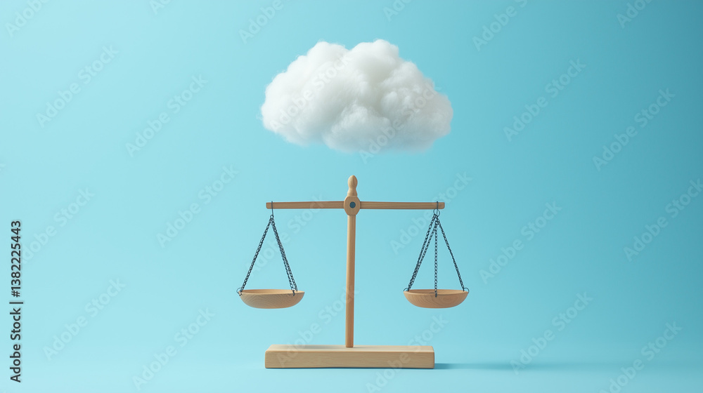 Poster cloud computing balance: a conceptual image of a cloud poised atop a traditional balance scale, symb