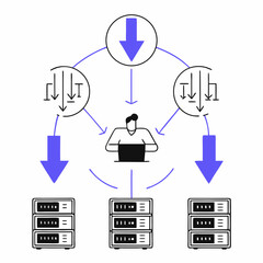 DDoS Attack: A network overwhelmed by traffic, representing a Distributed Denial of Service attack. Best for educating on DDoS protection.