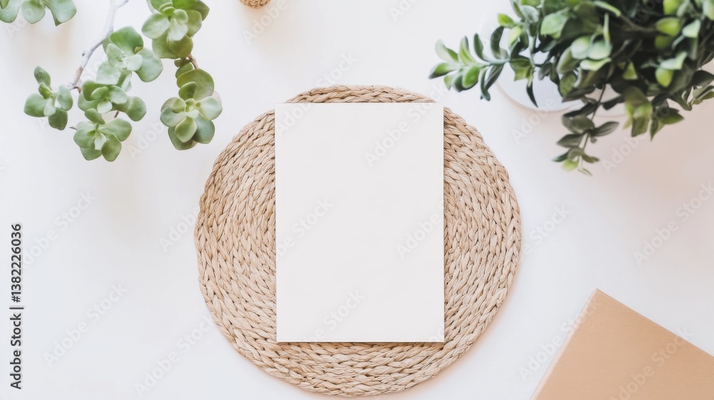 Poster a minimalistic workspace featuring a blank sheet of paper on a woven mat, surrounded by greenery, cr