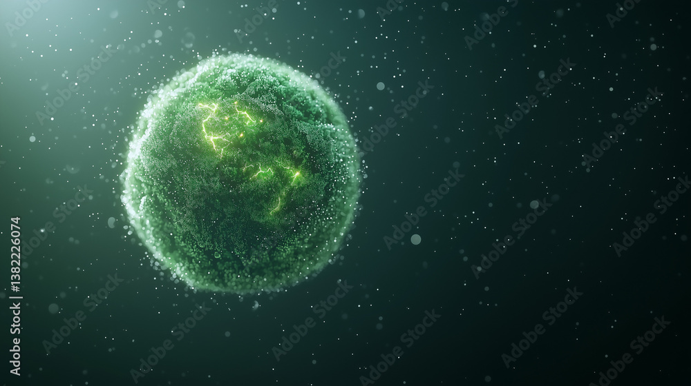 Poster microscopic marvel: a visually stunning representation of a green cell floating in space, showcasing