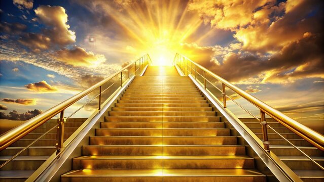 Sunlit gold steps climb towards heaven, a radiant ascension, divine light guiding the way.